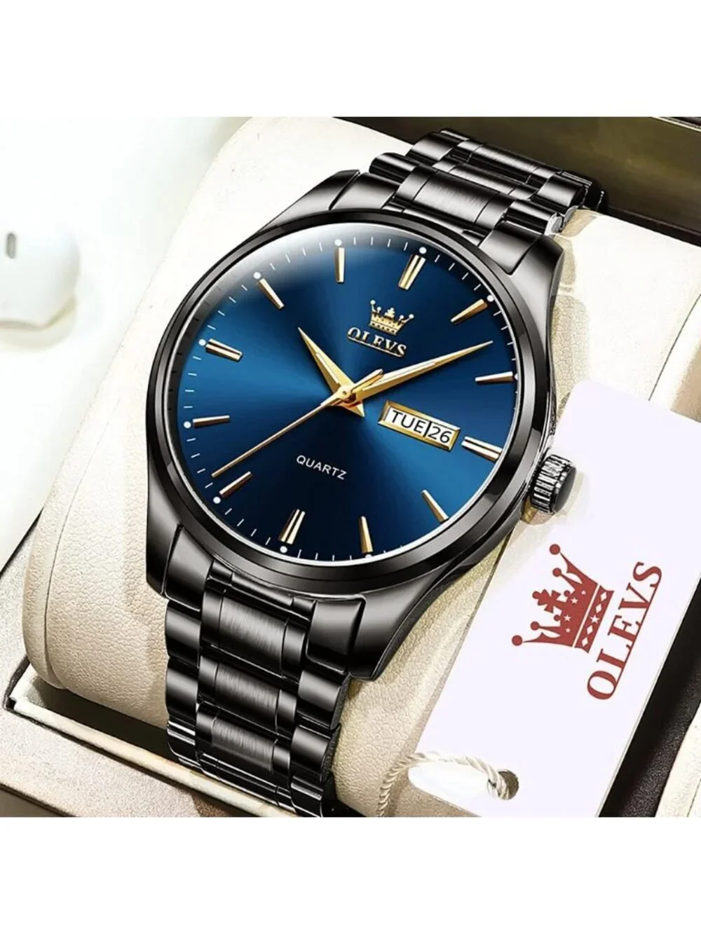 Men's Black Blue Analog Quartz Stainless Steel Luxury Luminous Waterproof Watch
